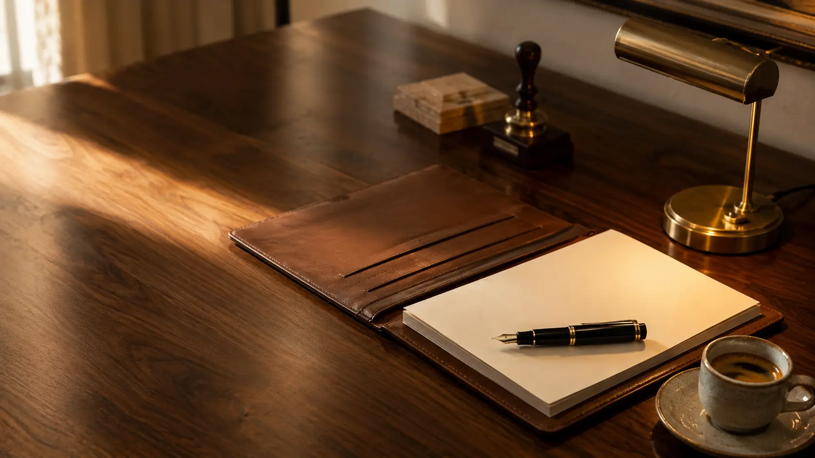 A leather-bound dossier on a polished desk.